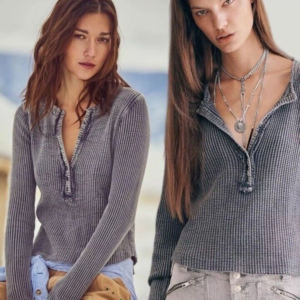 Free People FP NWT Blue Grey Thermal Long Sleeve Top